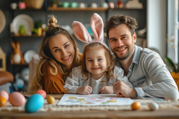 Happy Easter! family mother, father, and children paint eggs for the holiday. AI Generated