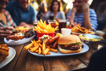 People enjoying a delicious meal, burgers, onion rings and french fries while dining out - obrazy, fototapety, plakaty