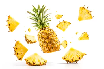 Fototapeten Fresh juicy tropical fruit pineapple flying isolated on white background © Oksana