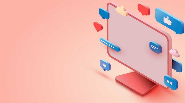 Isometric computer with chat bubbles.