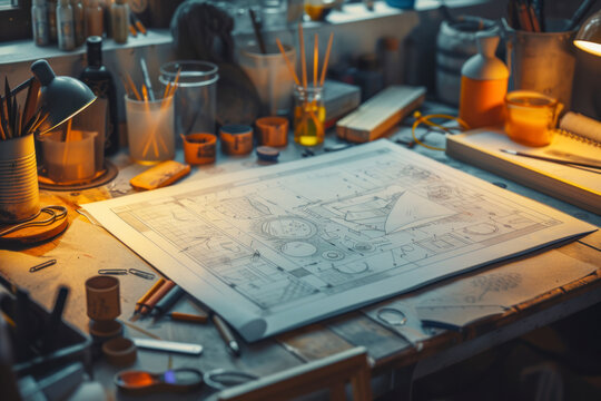 Designer drawing table with lots of elements and a centered copy space.