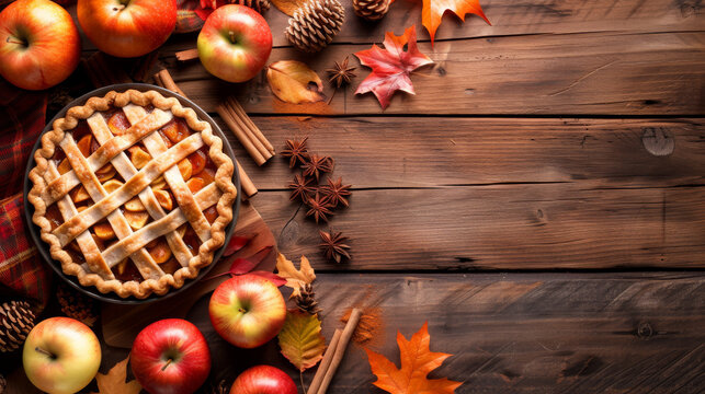Thanksgiving background. Top view rustic wood table decor from apple and pumpkin pie, cinnamon, leaves. Autumn and fall background. Holiday food. Thanksgiving day or Halloween concept 