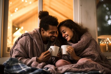 Biracial Couple Drinking Cocoa Under Blanket at Home - obrazy, fototapety, plakaty