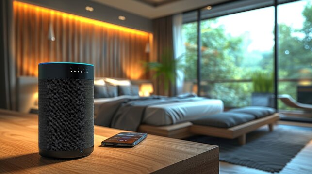 Home smart voice device. Closeup of a voice activated virtual assistant with an a powered parenting chatbot voice option. Smart ai speaker. Smart home concept