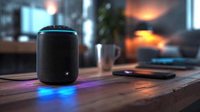 Closeup of smart portable wireless speaker and personal asistent, home smart device concept, technologies, gadget. Concept of smart home and automation