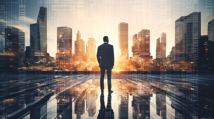 Fototapeta na wymiar Rich successful businessman investor looking at big city modern skyscrapers at sunset thinking of successful vision, dreaming of new investment opportunities. business training, Future Plans concept
