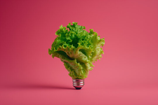 Lettuce leaf on light bulb. Vibrant pink background. Eco-friendly energy concept.