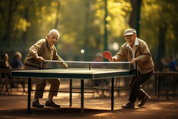Elderly People Playing Table Tennis in the Park - Powered by Adobe