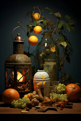 Still life with a lantern. fruits and candles on a dark background