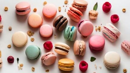 Obraz premium French macaron spread, featuring an assortment of flavors and colors meticulously arranged on a white surface