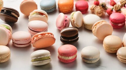 Obraz premium French macaron spread, featuring an assortment of flavors and colors meticulously arranged on a white surface