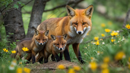 Naklejka premium une renarde et ses renardeaux dans la forêt au printemps