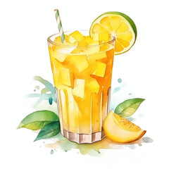 A glass of drink with juicy orange and mango. Hand drawn watercolor illustration isolated on white background. Summer drink mango and orange juice with ice. Summer drink.