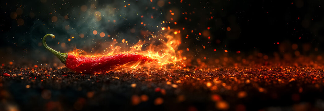 un piment rouge fort en feu sur un fond noir - format panoramique avec espace vide