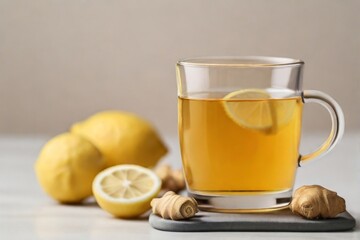 Minimalist still life image of a mug of ginger tea with lemon, captured against a clean white background
