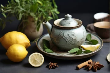 Foto op Aluminium Teapot filled with aromatic ginger tea and lemon slices © AlfaSmart