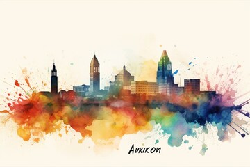 A beautiful representation of the Akron skyline painted with watercolors. Generative AI