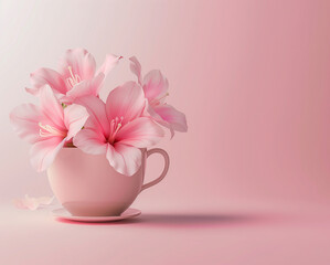 Pink teacup with pink flowers. Elegant spring composition. Copy space. Banner.