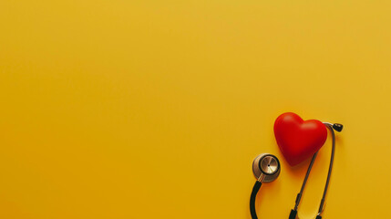 Top view world heart day stethoscope with red heart on yellow background