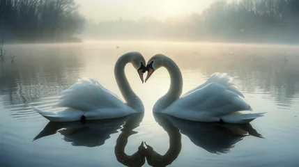 Gordijnen two beautiful swans on a lake shape heart with their long necks and kiss each other. romantic postal card. pc desktop wallpaper background © oldwar