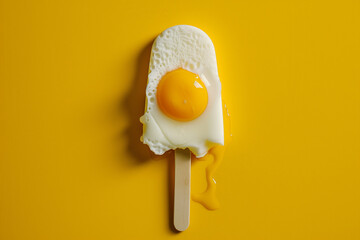 Popsicle made of sunny side up fried egg on vibrant yellow background. Creative food concept - obrazy, fototapety, plakaty