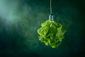 Realistic light bulb made of lettuce hangs from top.  Dark green and smoky background. Eco-Friendly Lightbulb Concept. 