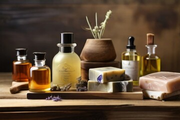 Obraz na płótnie Canvas Natural cosmetic oils and handmade soaps set against