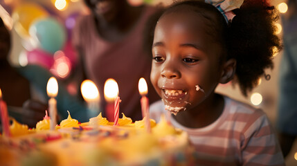 child blowing candles on cake - obrazy, fototapety, plakaty