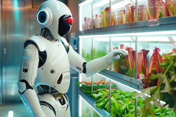 Robot working in a hall with vertical farming