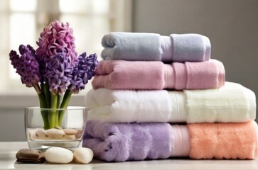 Fototapeta na wymiar Collection of vibrant bath towels adorned with a vibrant hyacinth flower