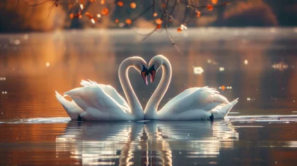 Schilderijen op glas two beautiful swans on a lake shape heart with their long necks and kiss each other. romantic postal card. pc desktop wallpaper background © oldwar