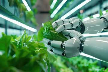 Robot hands holding a salad in a hall with vertical farming - 733972175