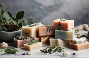Variety of natural handmade soaps embedded with salt, arranged on a marble surface alongside fresh herbs