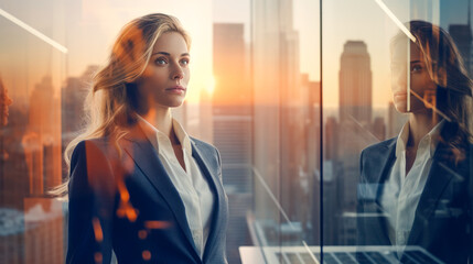 Double exposure of young businesswoman over cityscape background. Copy space. Business training, personal growth, leadership, success, determination concept. Double exposure sunset or sunrise effect.
