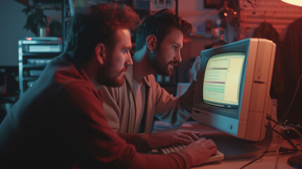 Two Caucasian Male Tech Startup Founders Using Old Desktop Computer In Retro Garage In The Evening. Software Developer And User Experience Designer Starting New E-commerce Business In Nineties 