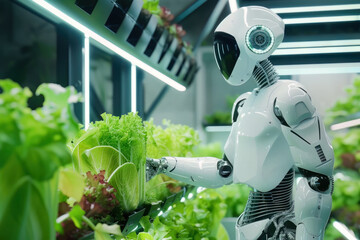 Robot working in a hall with vertical farming - 733972347