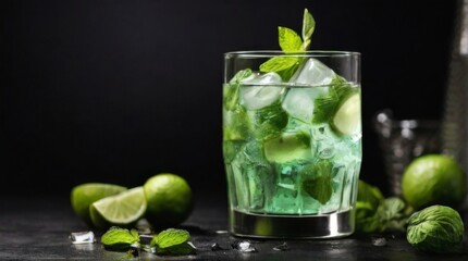 Mojito with ice on a black background