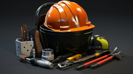 Safety helmet with tools in the black container.