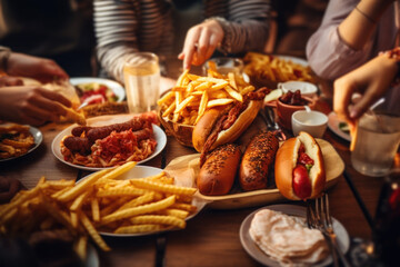 People enjoying a delicious meal, hot dogs, burgers and french fries while dining out