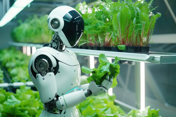 Robot holding a salad in a hall with vertical farming