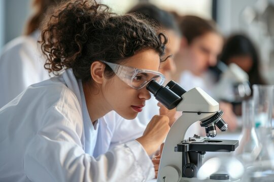 College students conducting microscope experiment in science lab.