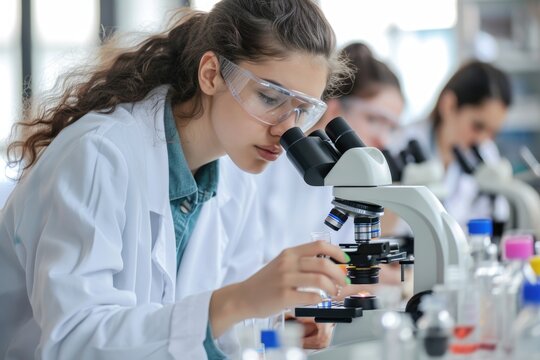 College students conducting microscope experiment in science lab.
