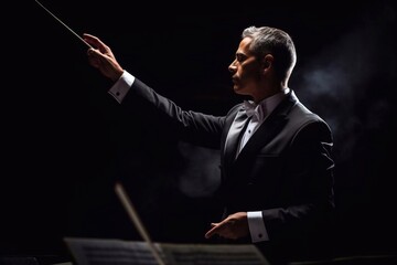 Unrecognizable Male orchestra conductor controlling music in orchestra pit by movement of his hands and white baton, studio shot on black background