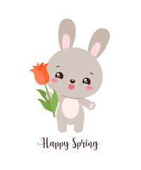 Adorable kawaii rabbit holding a tulip. Vector illustration for Easter greeting card, poster, invitation. Playful and tender touch to spring graphic, bringing joy to designs for children and adults.