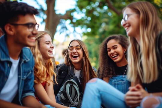 Happy young friends relax after university exam, laughing and having fun outdoor.