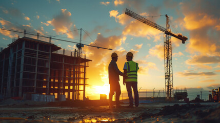 Two male construction workers giving handshake in agreement and cooperation at construction site
