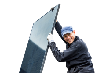 Smiling Technician Holding a Solar Panel