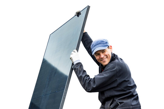 Smiling Technician Holding a Solar Panel