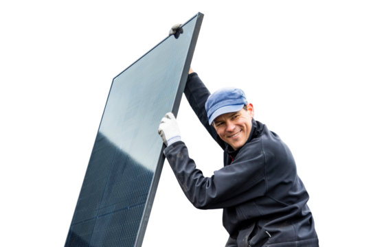 Smiling Technician Holding a Solar Panel