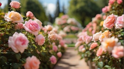 Rose bush in full bloom, its vibrant flowers and lush greenery contrasting beautifully with the softly blurred background - obrazy, fototapety, plakaty